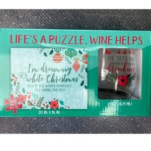 New! CHRISTMAS Life's A Puzzle, Wine Helps - Stemless Wine Glass & Puzzle Set